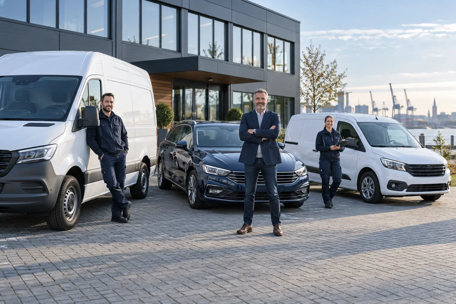 Unternehmer und Beschäftigte vor einem gewerblich genutzten Fuhrpark mit Transportern und Pkw