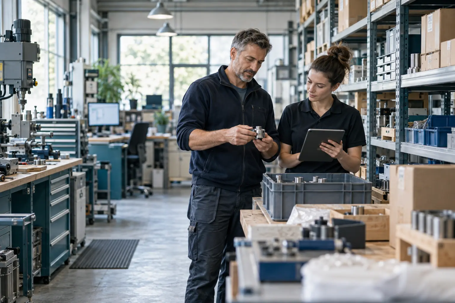 Inhaberin und Mitarbeiter prüfen Maschinen, Werkzeuge und Warenbestand in einem modernen Gewerbebetrieb