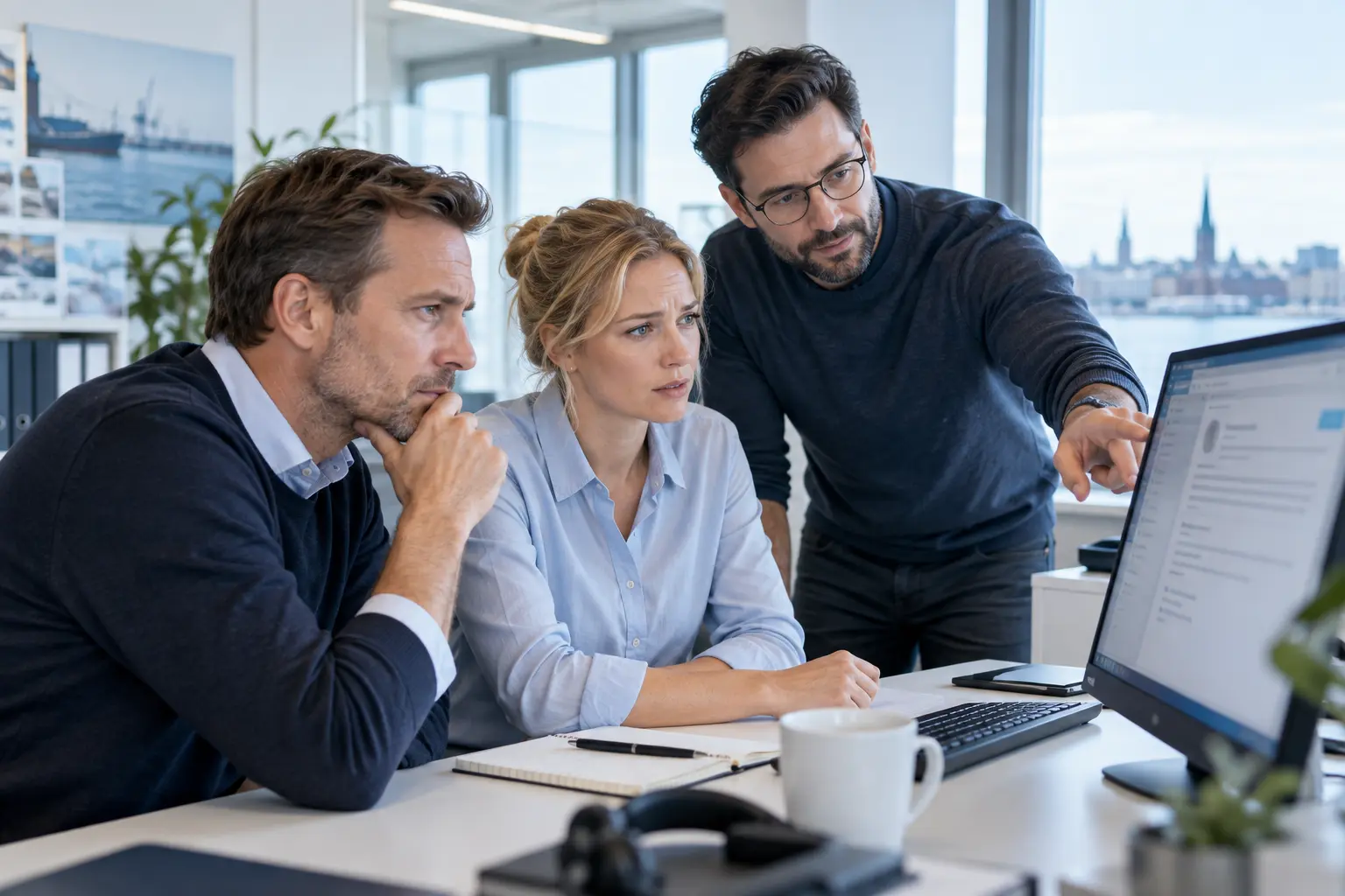 Unternehmer und Beschäftigte prüfen gemeinsam mit einem IT-Spezialisten eine verdächtige E-Mail
