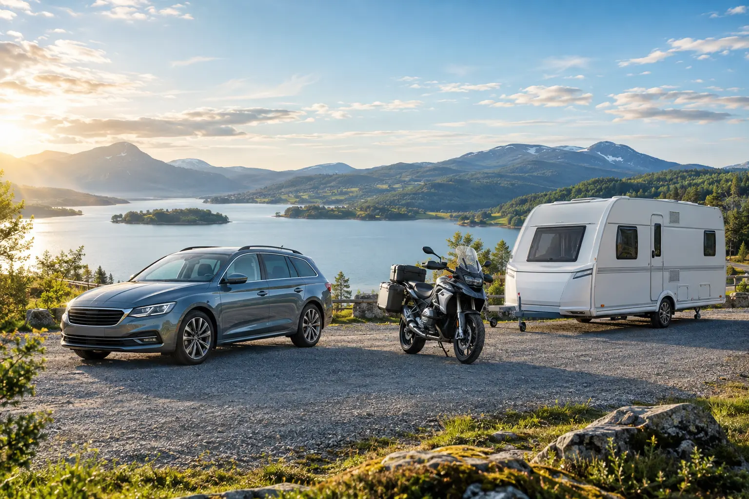 Pkw, Motorrad und Wohnwagen vor einer weiten Seen- und Berglandschaft