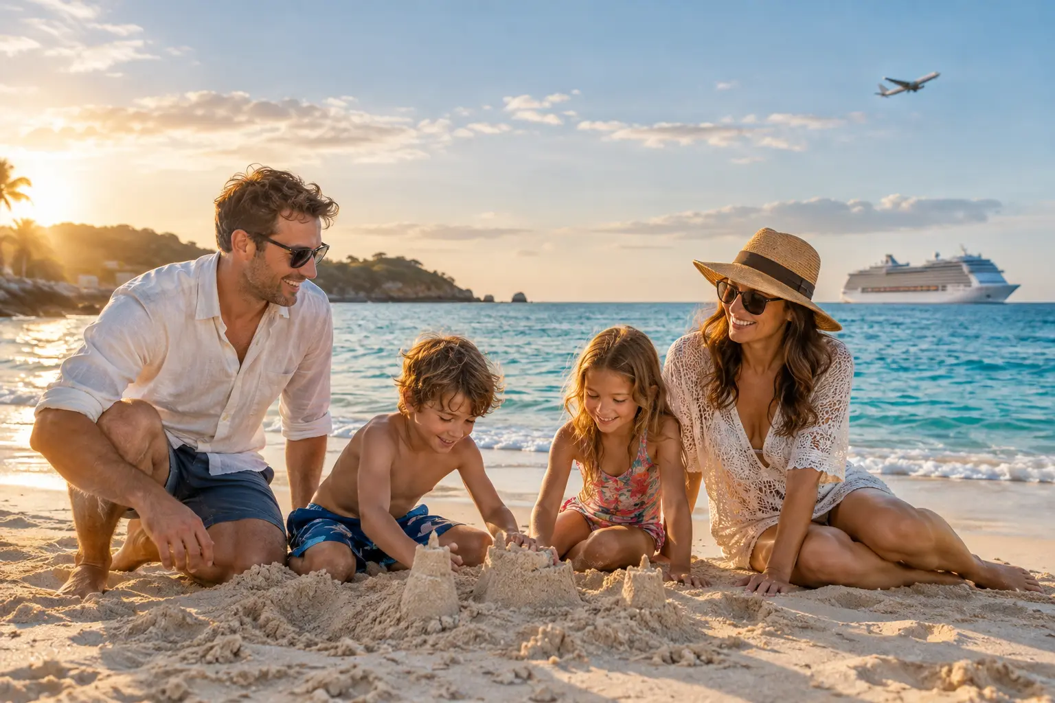 Familie am Strand mit Kreuzfahrtschiff auf dem Meer und Flugzeug am Himmel