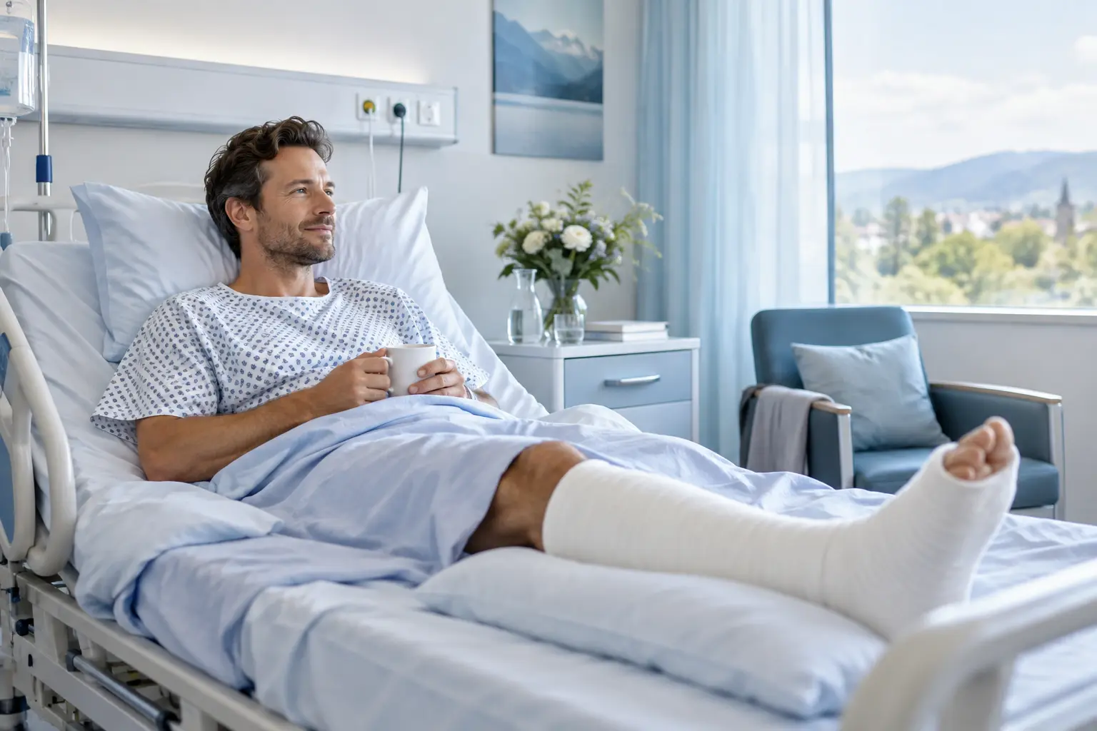 Patient mit Gipsbein erholt sich in einem hellen Krankenhauszimmer